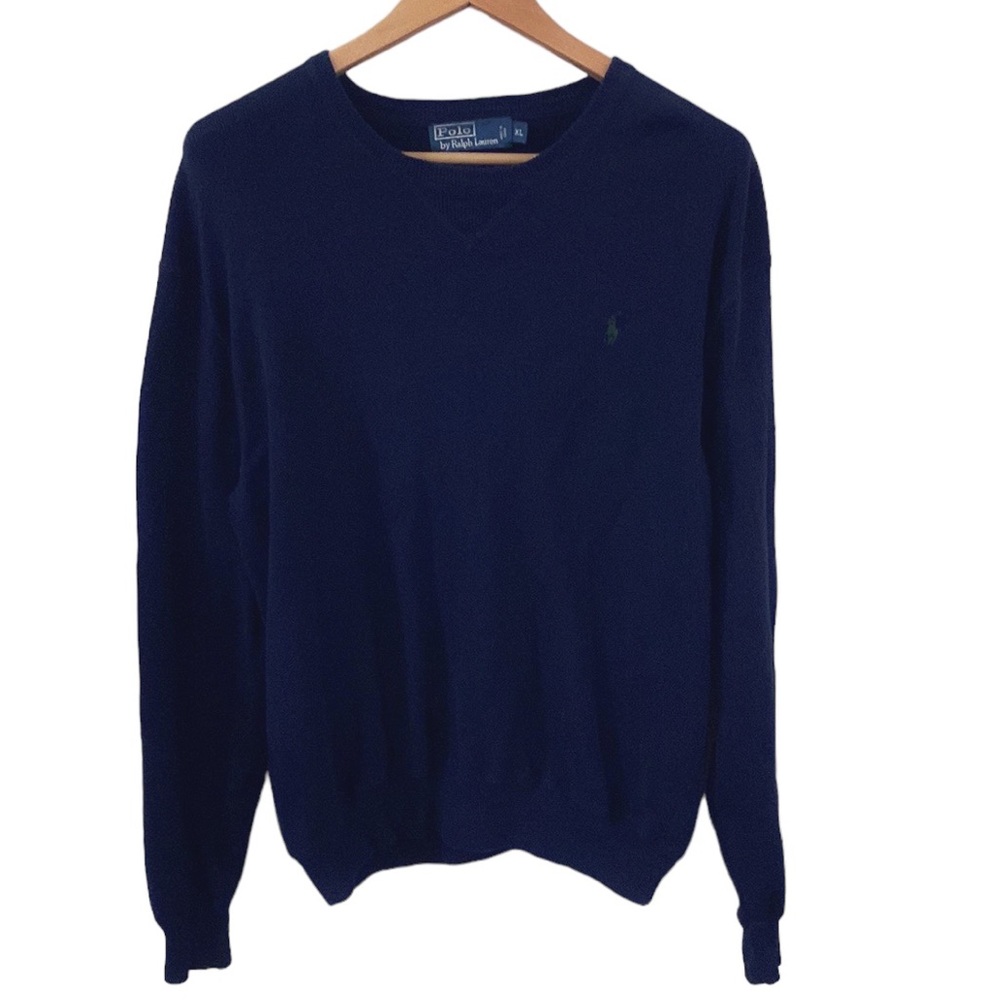 Ralph Lauren Polo vintage navy v-neck cotton sweater pony embroidery size XL